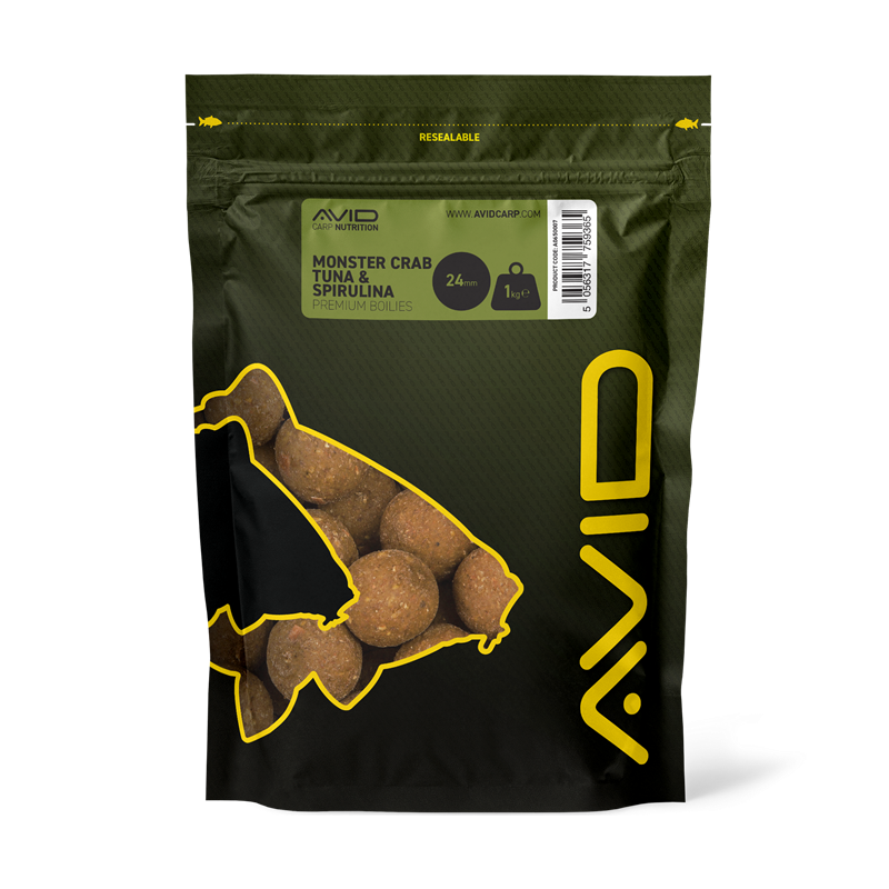 Boilies Avid Carp Premium Monster Crab Atum e Spirulina 24 mm